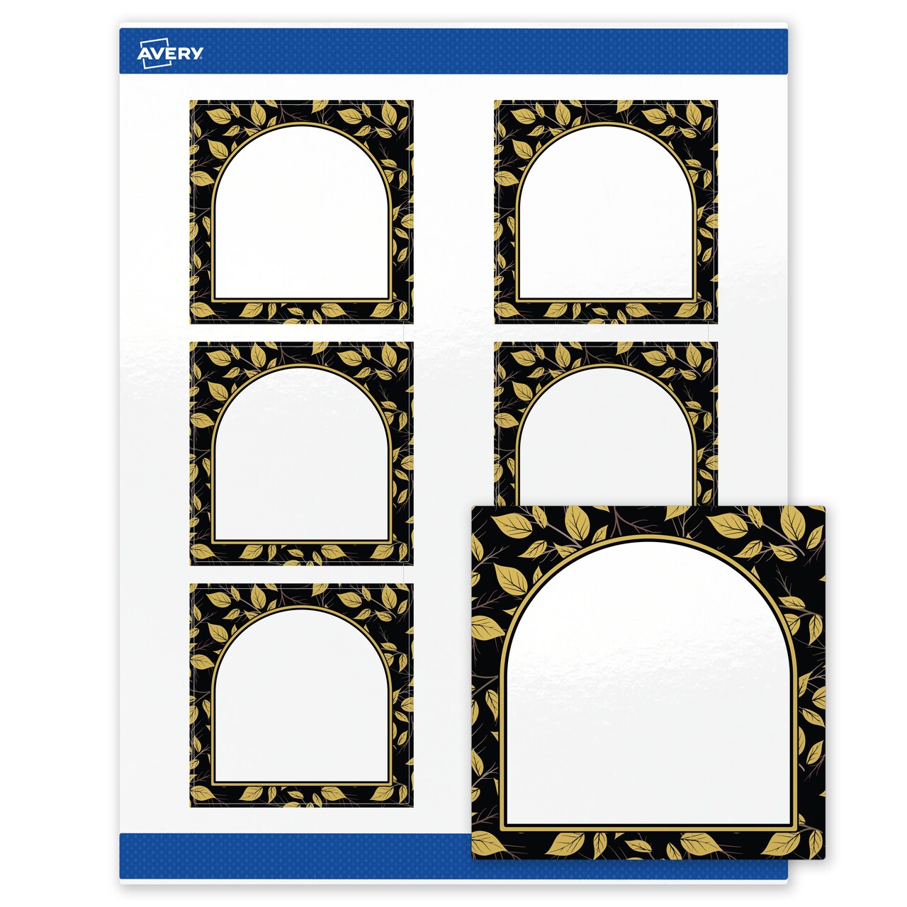 Avery Printable Square Labels, 3" x 3", Glossy White, Pre-printed Arched Black Border/Golden Leaf Design, Sure Feed Technology, Laser & Inkjet Compatible, 120 Total